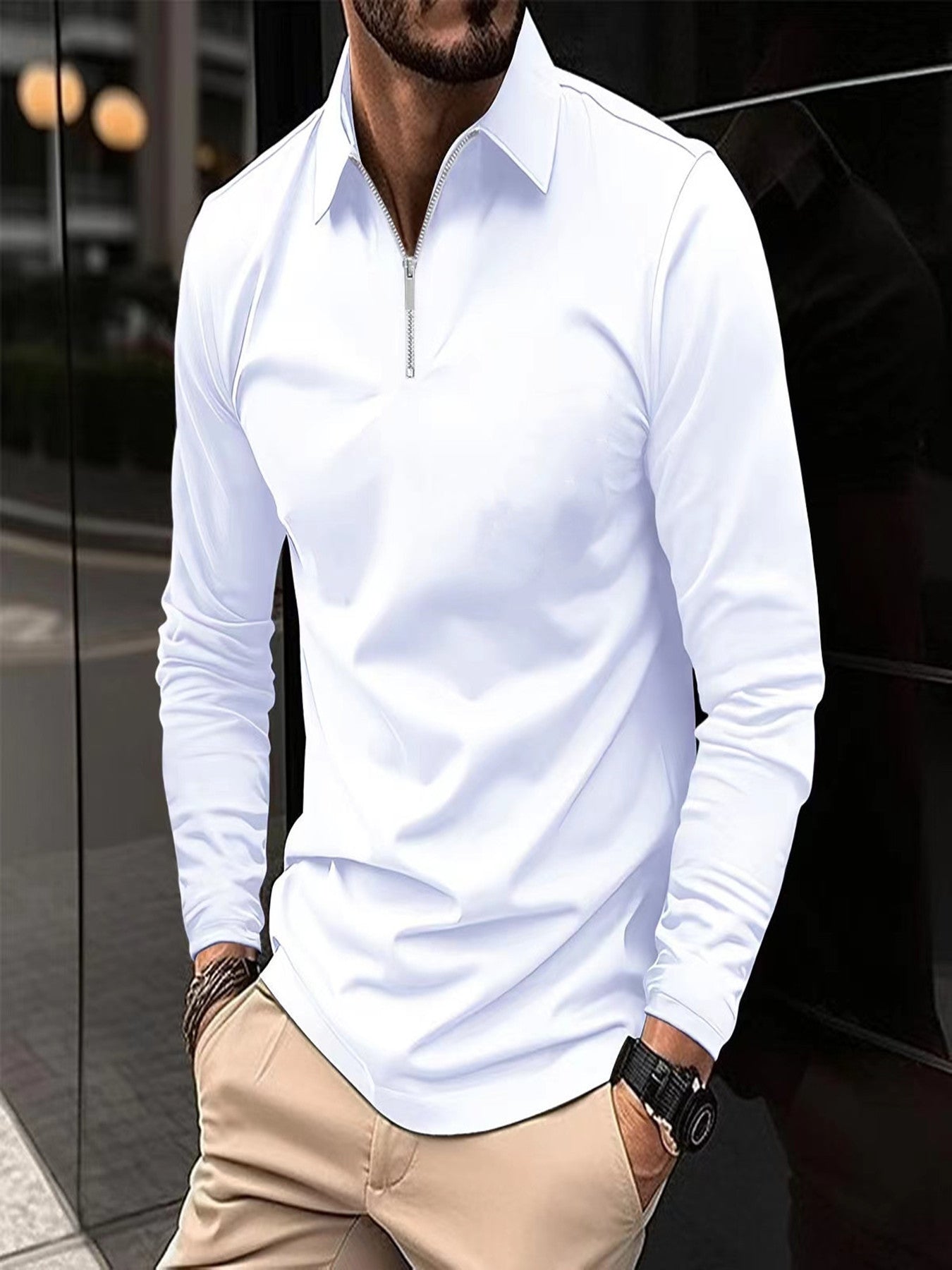 Zipper Men's Solid Color Long Sleeve Sports Polo Shirt White GlamzKart