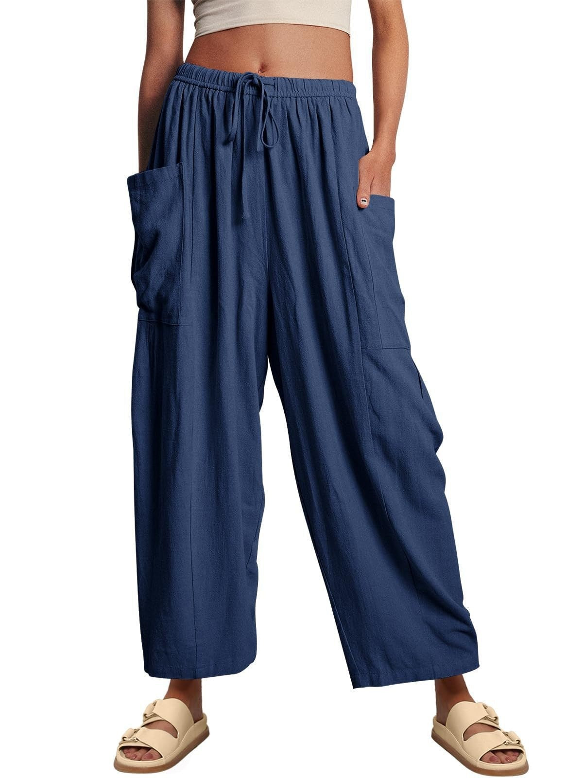 Stretched-waist Pleated High-waisted Wide-leg Loose Casual Cotton And Linen Long Pants Dark Blue GlamzKart