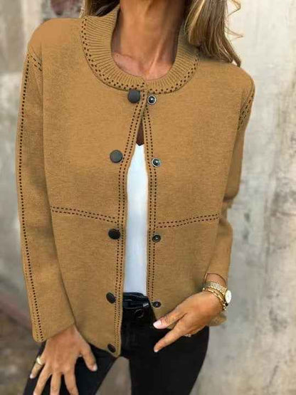 Striped Loose Round Neck Button Long Sleeve Versatile Sweater Coat