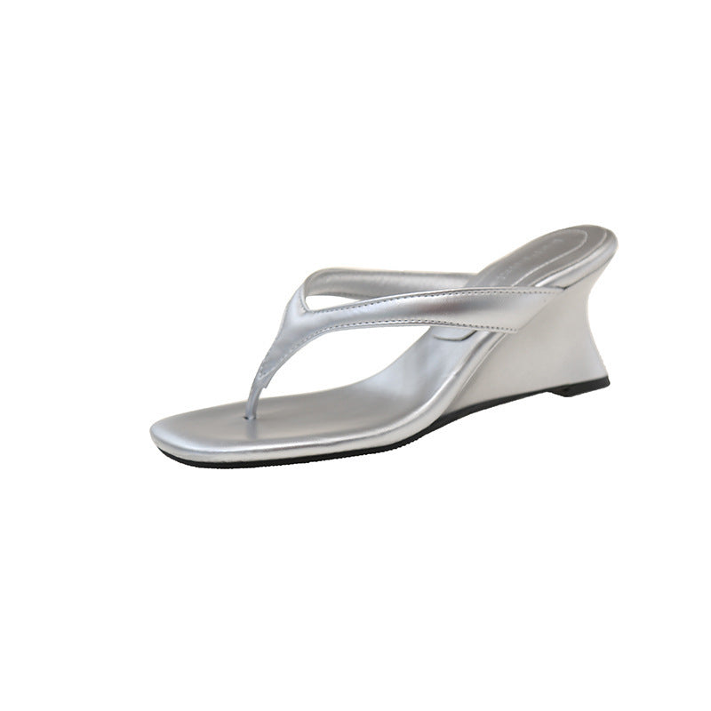 French Style Flip-Flops Fairy Shoes Summer Outdoor Wear Simple Flip-flops High Heel Sandals Silver GlamzKart