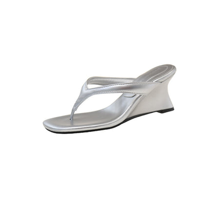 French Style Flip-Flops Fairy Shoes Summer Outdoor Wear Simple Flip-flops High Heel Sandals Silver GlamzKart