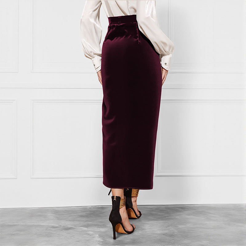 New Solid Color Twisted Skirt Temperament Commute Autumn And Winter Split Velvet Dress GlamzKart