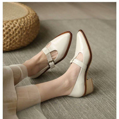 Chunky Heel New Soft Leather British Leather Shoes Beige GlamzKart