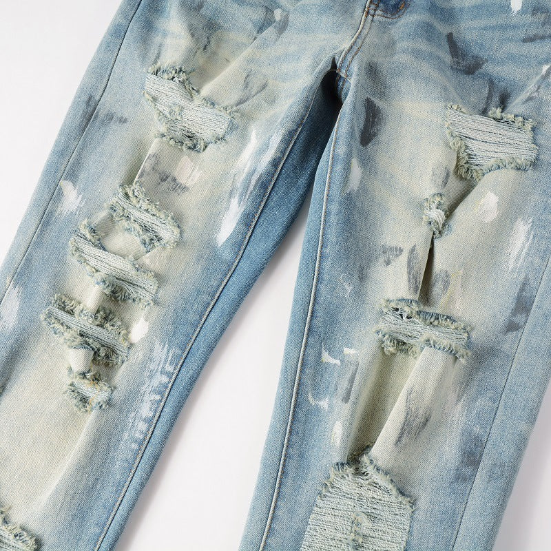 Vintage Paint Broken Holes Pants Men's Jeans GlamzKart
