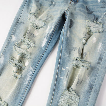 Vintage Paint Broken Holes Pants Men's Jeans GlamzKart