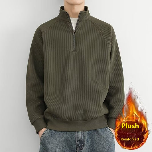 Half Zipped Stand Collar Men's Vintage Fleece-lined Thickened Casual Sweatshirt GlamzKart