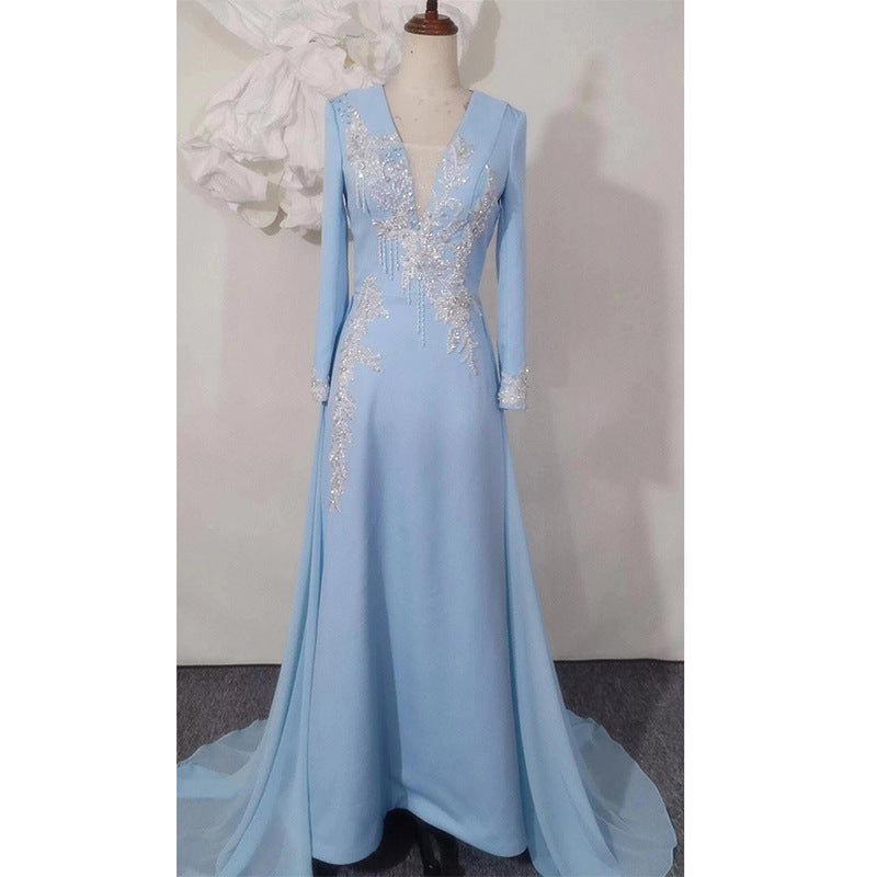 Light Luxury Minority Temperament Long Sleeve Performance Costume Blue GlamzKart