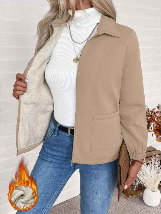 Casual Solid Color Zipper Fleece Jacket, Autumn Winter