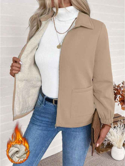 Casual Solid Color Zipper Fleece Jacket, Autumn Winter