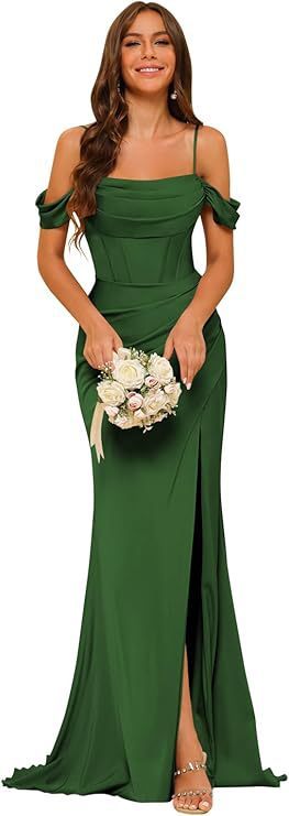 Off-the-shoulder Satin Bridesmaid Corset Ball Gown Emerald Green GlamzKart