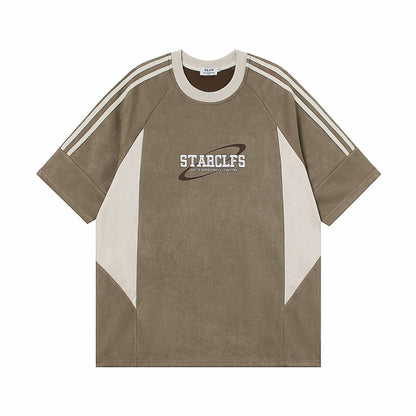 Men's Loose Short-sleeved T-shirt With Letter Embroidery Design Deep Khaki GlamzKart
