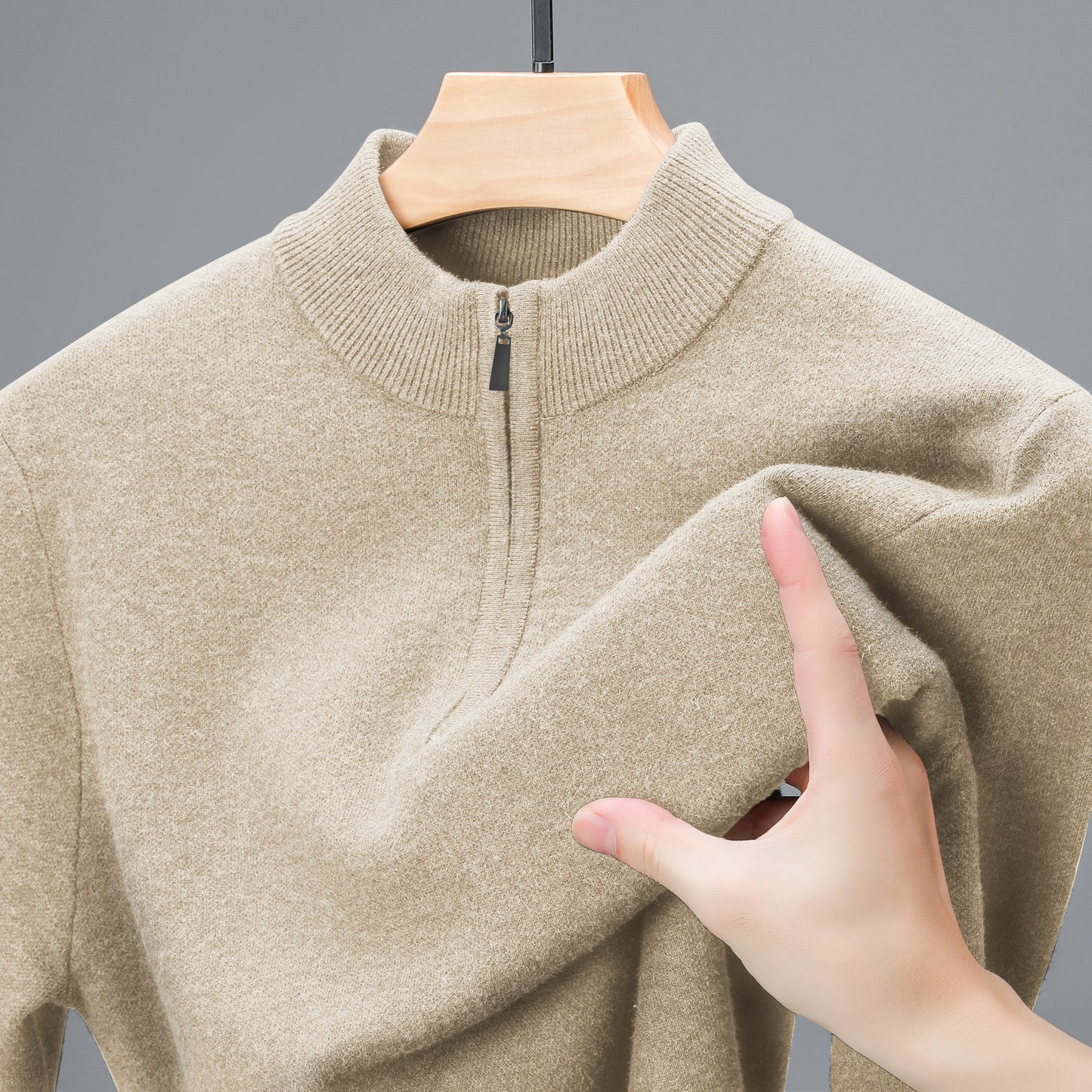 Men's Half-high Collar Zipper Sweater Middle-aged Men's Thickened Keep Warm Pure Color Sweater Camel GlamzKart