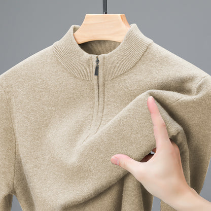 Men's Half-high Collar Zipper Sweater Middle-aged Men's Thickened Keep Warm Pure Color Sweater Camel GlamzKart