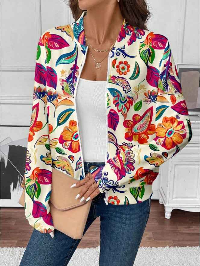 ROSE Women's Casual Tropical Palm Leaf Print Zip-Up Jacket