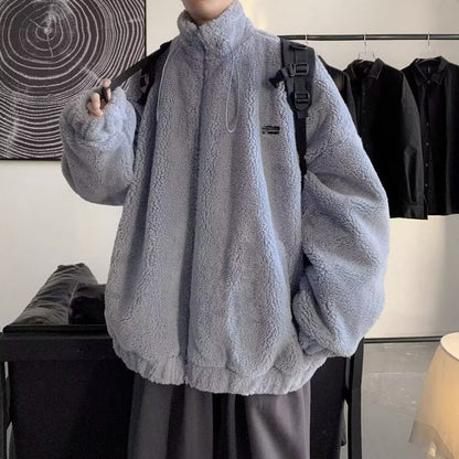 Men's Autumn And Winter Loose Casual Cotton-padded Clothes Fleece-lined Thickening Stand Collar Clothes GlamzKart