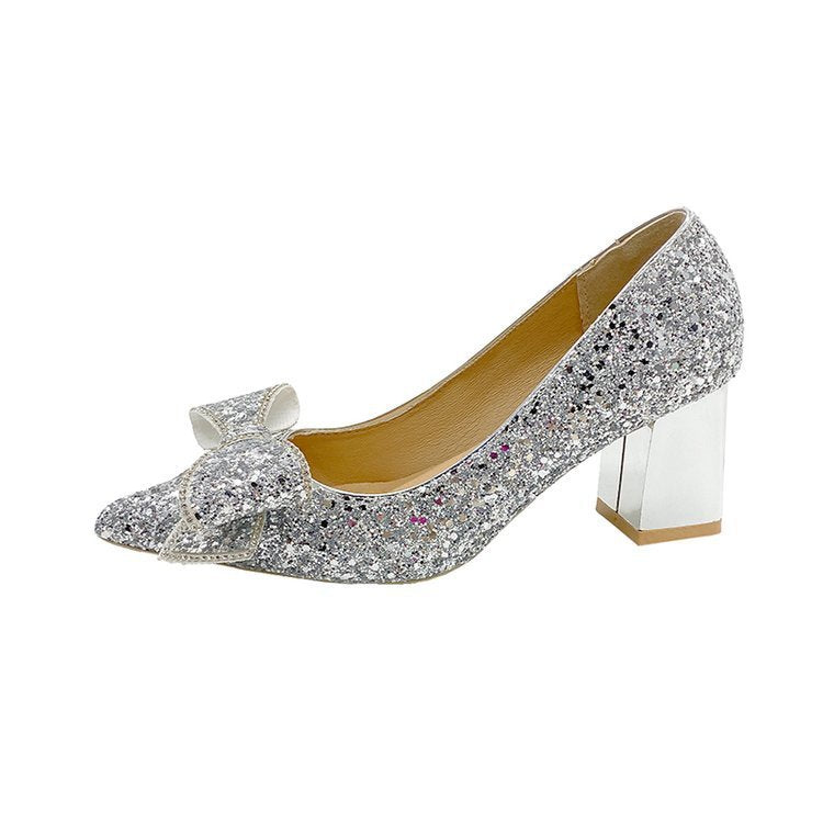 Crystal Sequins Wedding Xiuhe Chunky Heel Pointed-toe Shoes Silver 6.5cm GlamzKart