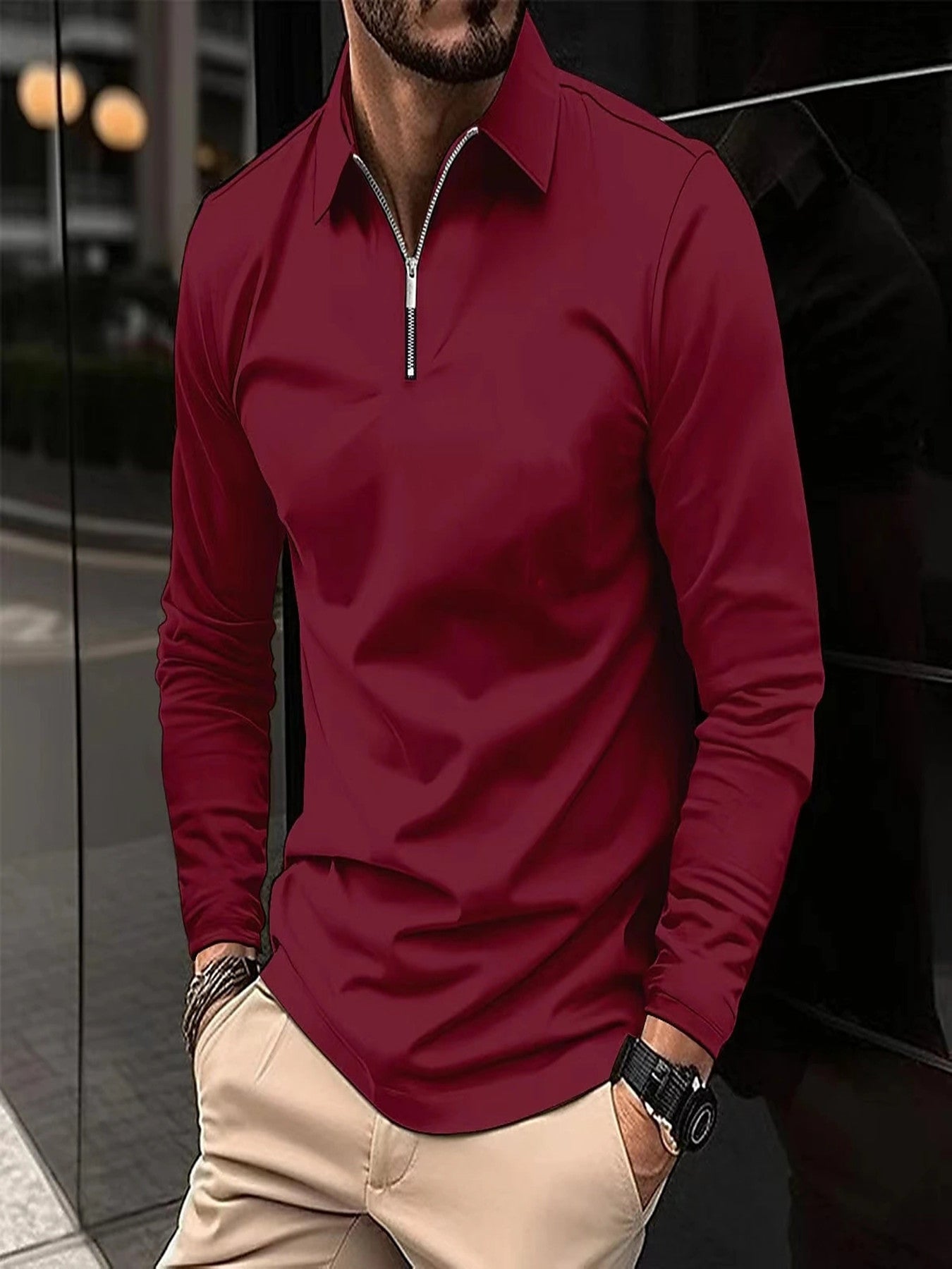 Zipper Men's Solid Color Long Sleeve Sports Polo Shirt Wine Red GlamzKart