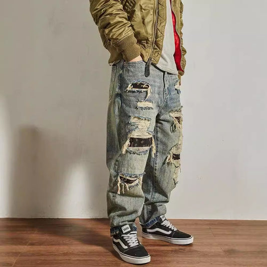 Jeans Men's Loose Straight Tapered Distressed Broken Holes Pants GlamzKart