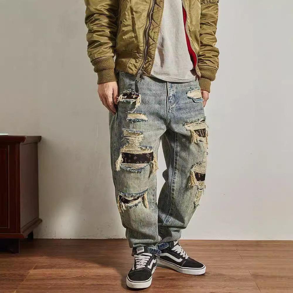 Jeans Men's Loose Straight Tapered Distressed Broken Holes Pants GlamzKart