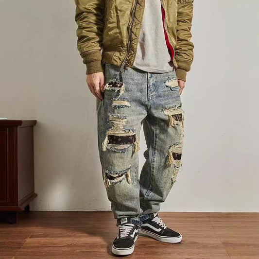 Jeans Men's Loose Straight Tapered Distressed Broken Holes Pants GlamzKart