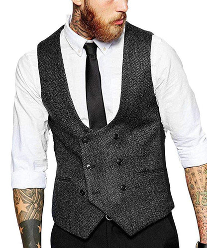 Retro Casual Herringbone Pattern Men's Suit Vest Groom Groomsman Slim Fit Vest Black GlamzKart