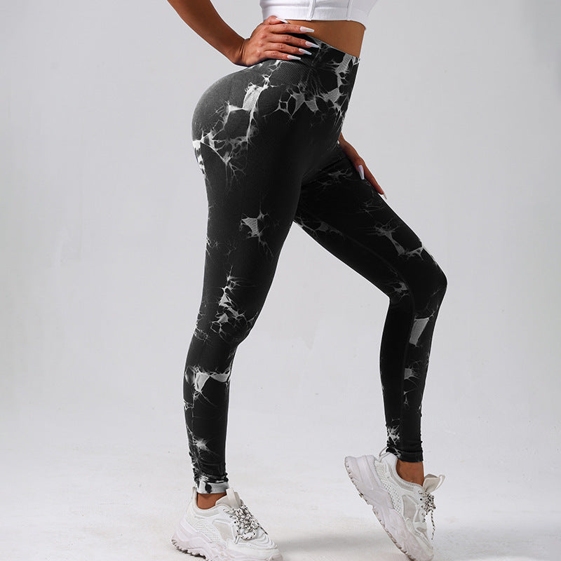 High Waist Tight Yoga Pants Tie-dye Breathable Workout Pants Black And White GlamzKart