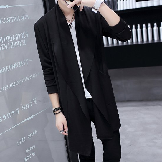 Slim Fit Student Handsome Cloak Men's Coat Black 9909 Lapel GlamzKart