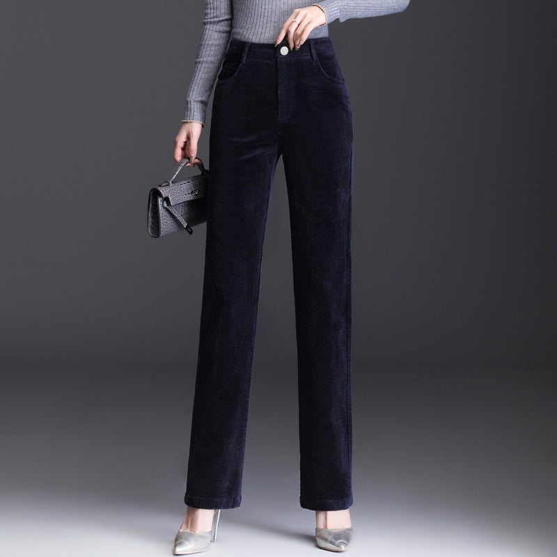 High Waist Straight Corduroy Women's Pants Loose Lamp Wick Purplish Blue GlamzKart