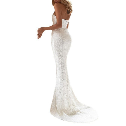 European And American Women's Clothing Slim Fit Fashion Dress Sequins White GlamzKart