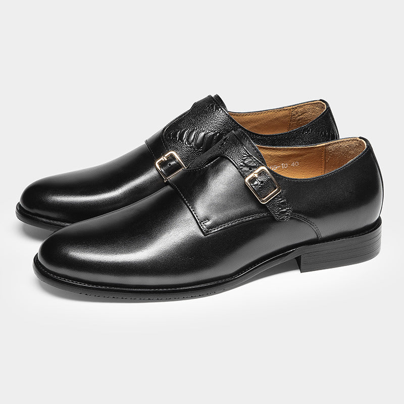 Men's First Layer Cowhide Summer Round Toe Double Buckle Retro Style Business Leather Shoes Black GlamzKart