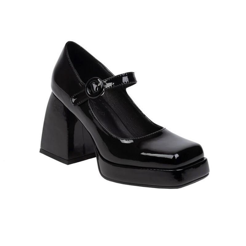 Japanese All-match Lolita Retro Patent Leather Thick High Heels Women Black GlamzKart