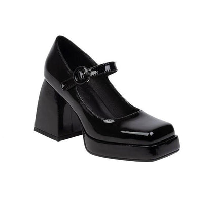 Japanese All-match Lolita Retro Patent Leather Thick High Heels Women Black GlamzKart