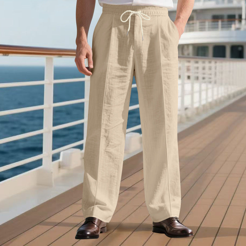 Loose Breathable Linen Leisure Men's Simplicity Trendy Loose Beach Pants Khaki GlamzKart