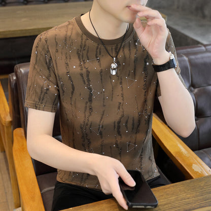 Ice Silk Short Sleeve T-shirt Casual Round Neck Top Dark Coffee Color GlamzKart
