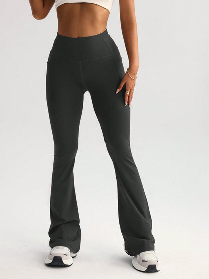 High Waist T-line Yoga Wide-leg Pants With Pockets Dark Gray GlamzKart
