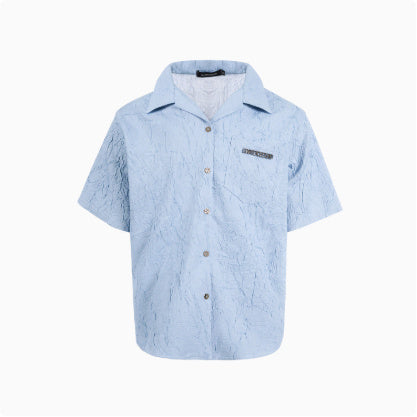 Niche Design Pleated Textured Short Shirt Men's Tops Light Blue GlamzKart