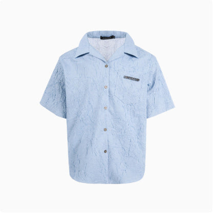 Niche Design Pleated Textured Short Shirt Men's Tops Light Blue GlamzKart