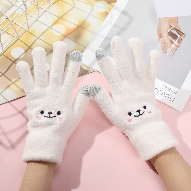 Warm And Cute Female Fleece-lined Thickened Cycling Five Finger Touch Screen Smiley Face White GlamzKart
