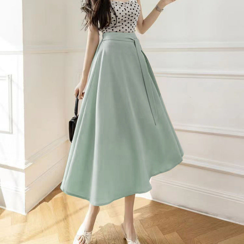 A- Line Skirt Draping Large Hem Mid-length Skirt Light Green GlamzKart