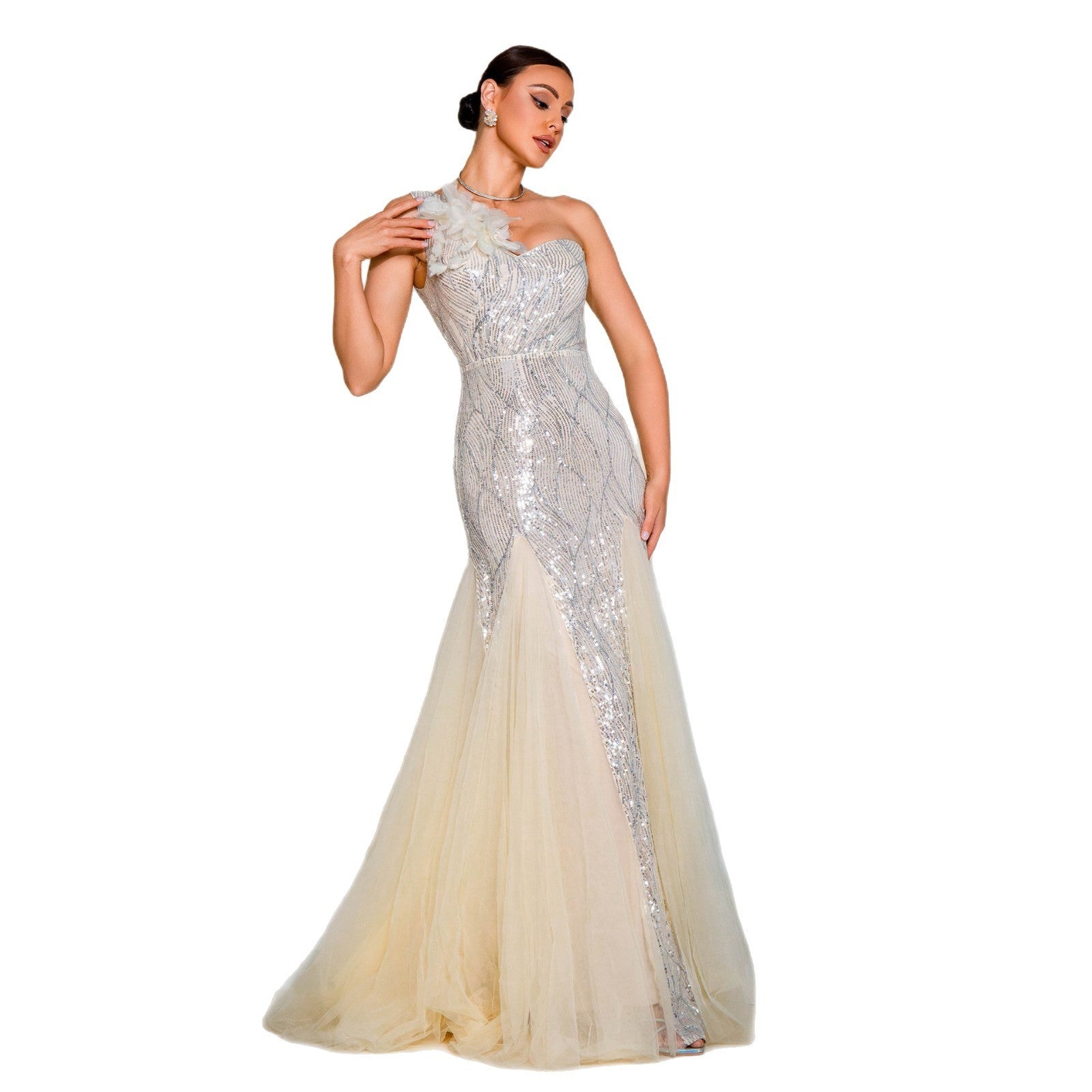 One-shoulder Diagonal Collar Slim-fit Sheath Sequined Slit Evening Dress GlamzKart