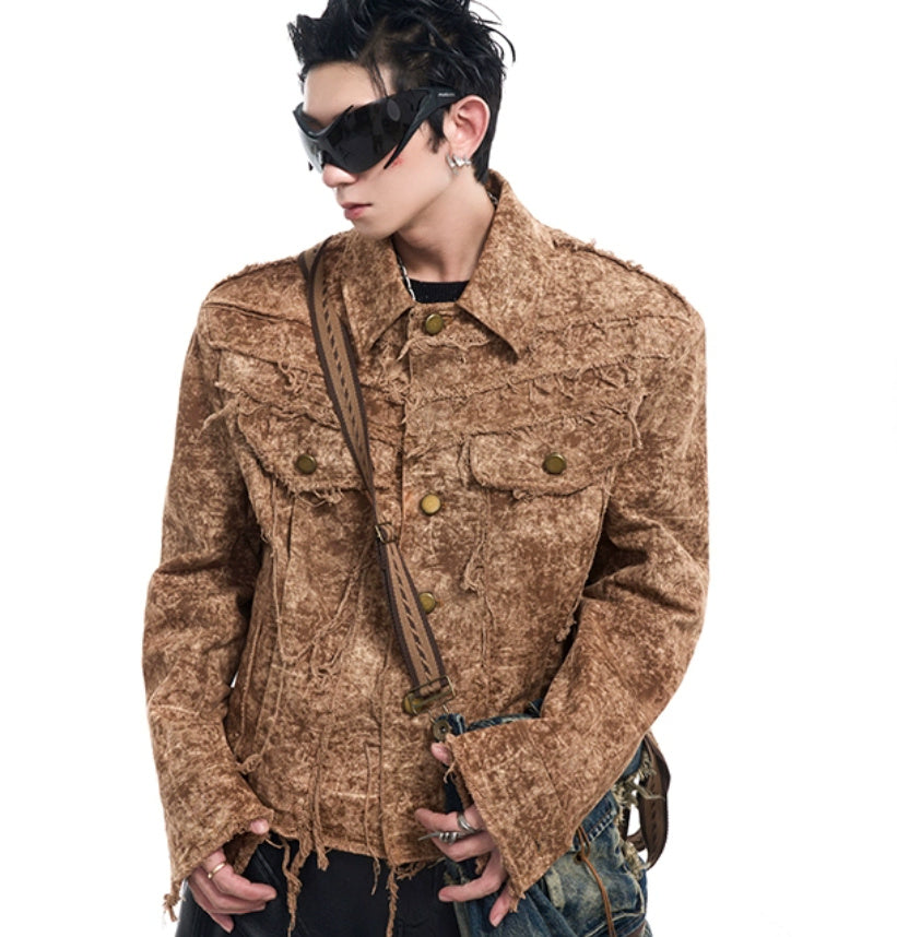 Desert Waste Soil Wind Rough Edge Damage Denim Coat Khaki GlamzKart