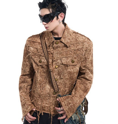 Desert Waste Soil Wind Rough Edge Damage Denim Coat Khaki GlamzKart