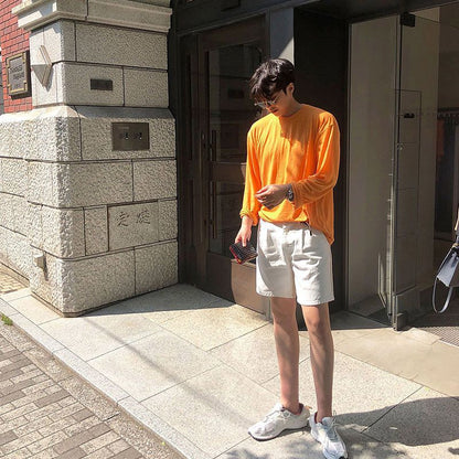 Men's Solid Color Loose Long Sleeves T-shirt Orange GlamzKart