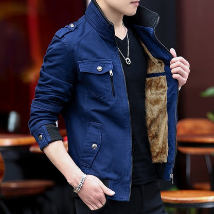 Fleece-lined Thickened Korean Style Casual Polo Collar Flight Jacket Warm-keeping Cotton Clothing GlamzKart