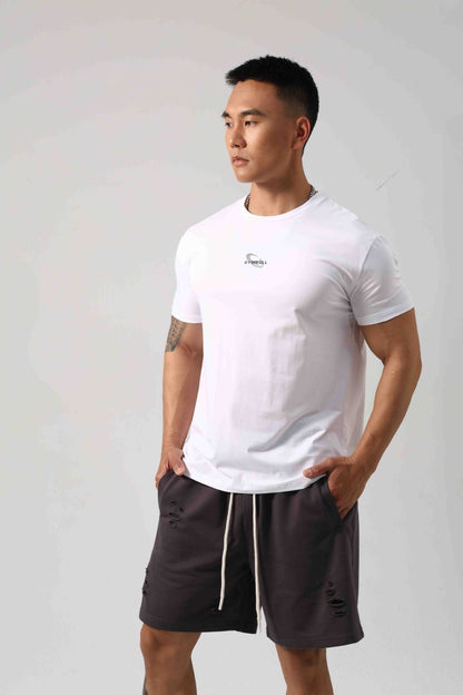 Men's Short Sleeve New Small Neckline Show Muscle Sports Fitness Short Sleeve Printed G81 White GlamzKart