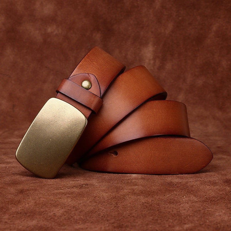 Wide Top Layer Smooth Buckle Retro Frosted Belt Khaki GlamzKart