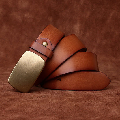 Wide Top Layer Smooth Buckle Retro Frosted Belt Khaki GlamzKart