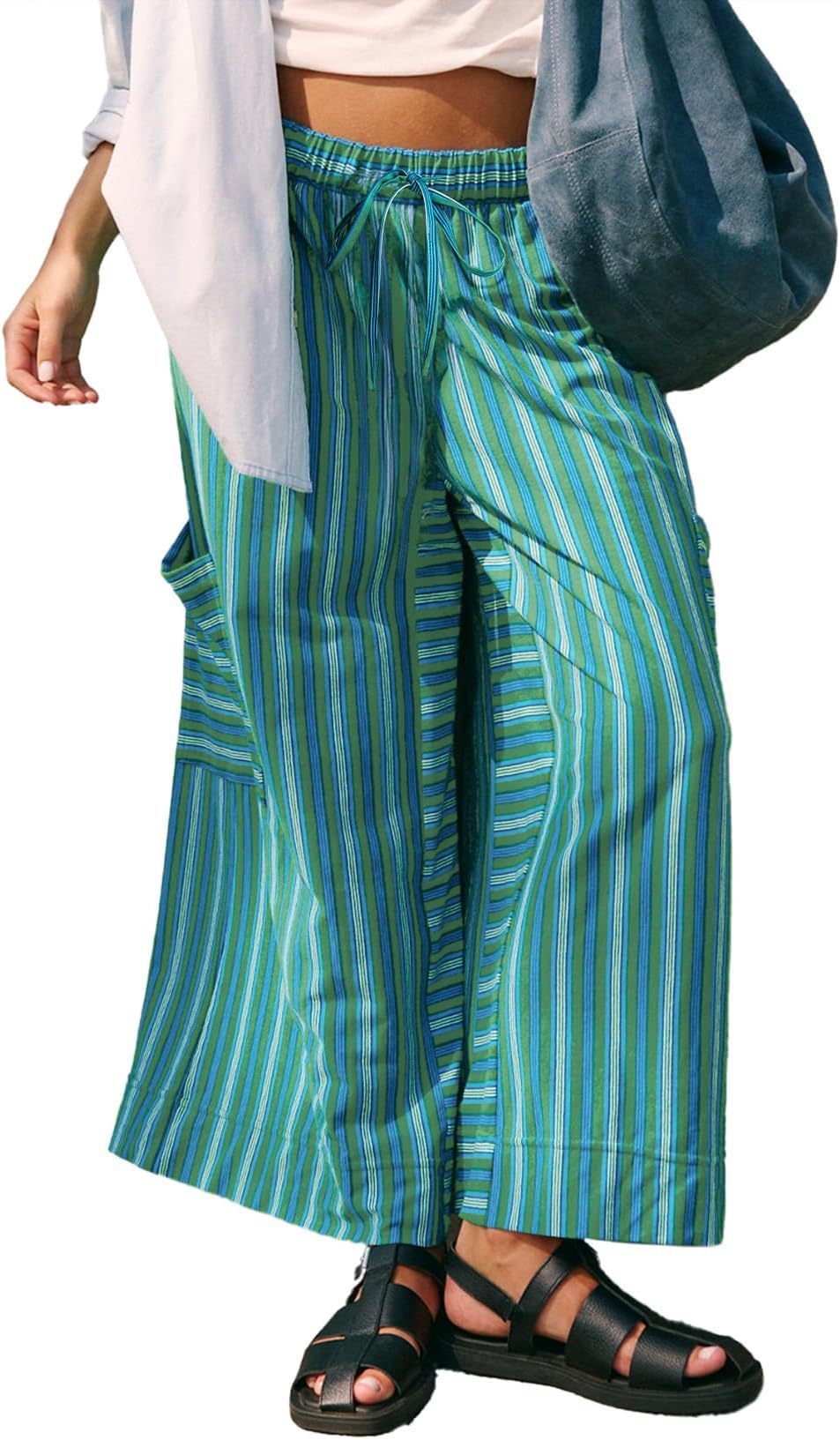 Summer Stripes Straight-leg Pants Women's Clothing Green GlamzKart