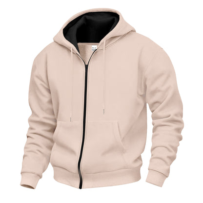 Men's Warm With Velvet Hooded Zipper Casual Sweatshirt Khaki GlamzKart