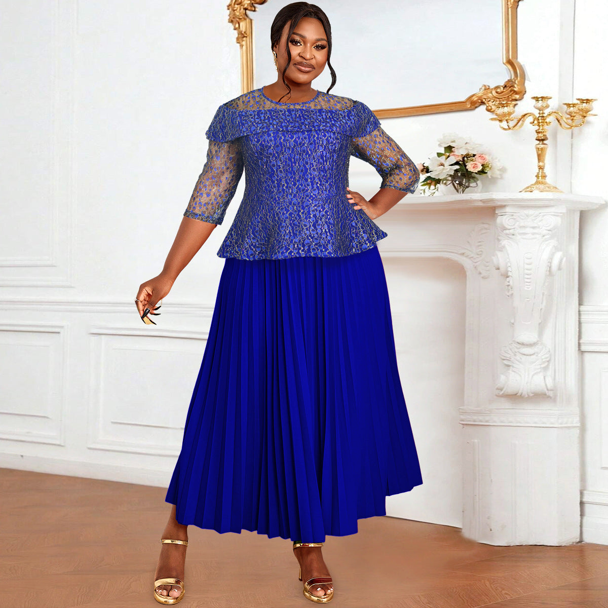Women's Solid Color Versatile Lace Long Sleeved Pleated Skirt GlamzKart